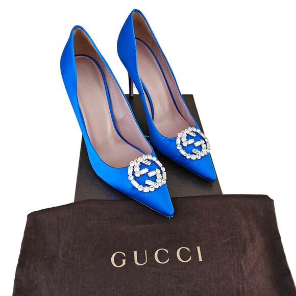 Gucci GG Crystal Logo Royal Blue Satin Pointed Toe Pump Heel Size 37 US 7 - Picture 2 of 10